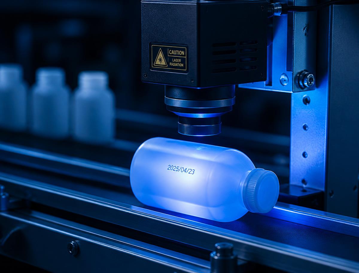 Codificadora laser industrial marcando embalagem